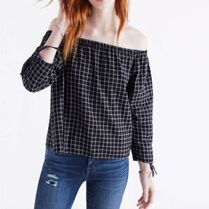 Madewell Black Plaid Off-The-Shoulder Cotton Top Size Small
